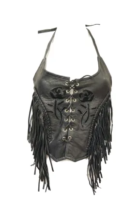 1970s Leather Lace Up Halter Top w/ Fringe and Suede Details