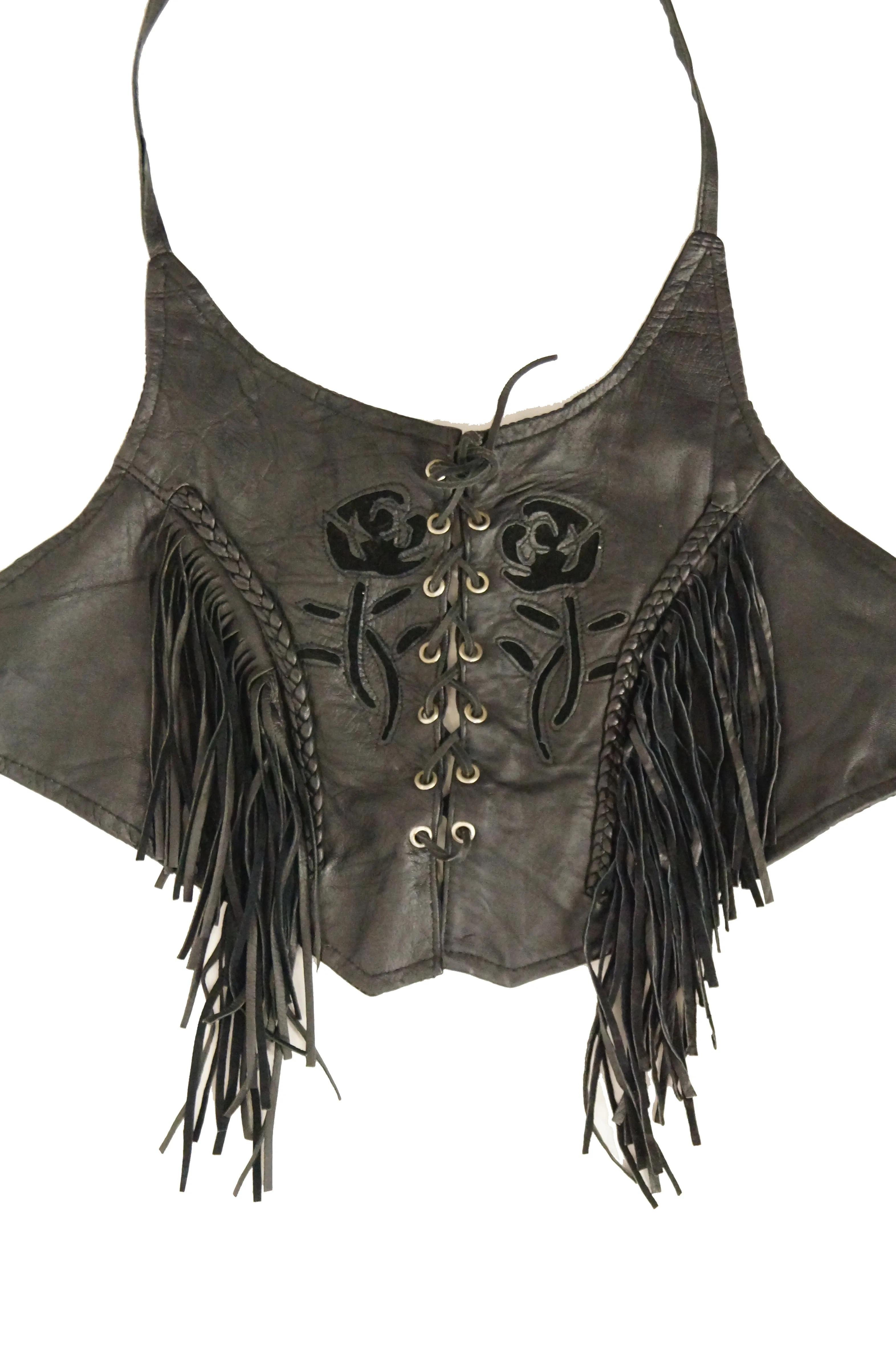 1970s Leather Lace Up Halter Top w/ Fringe and Suede Details