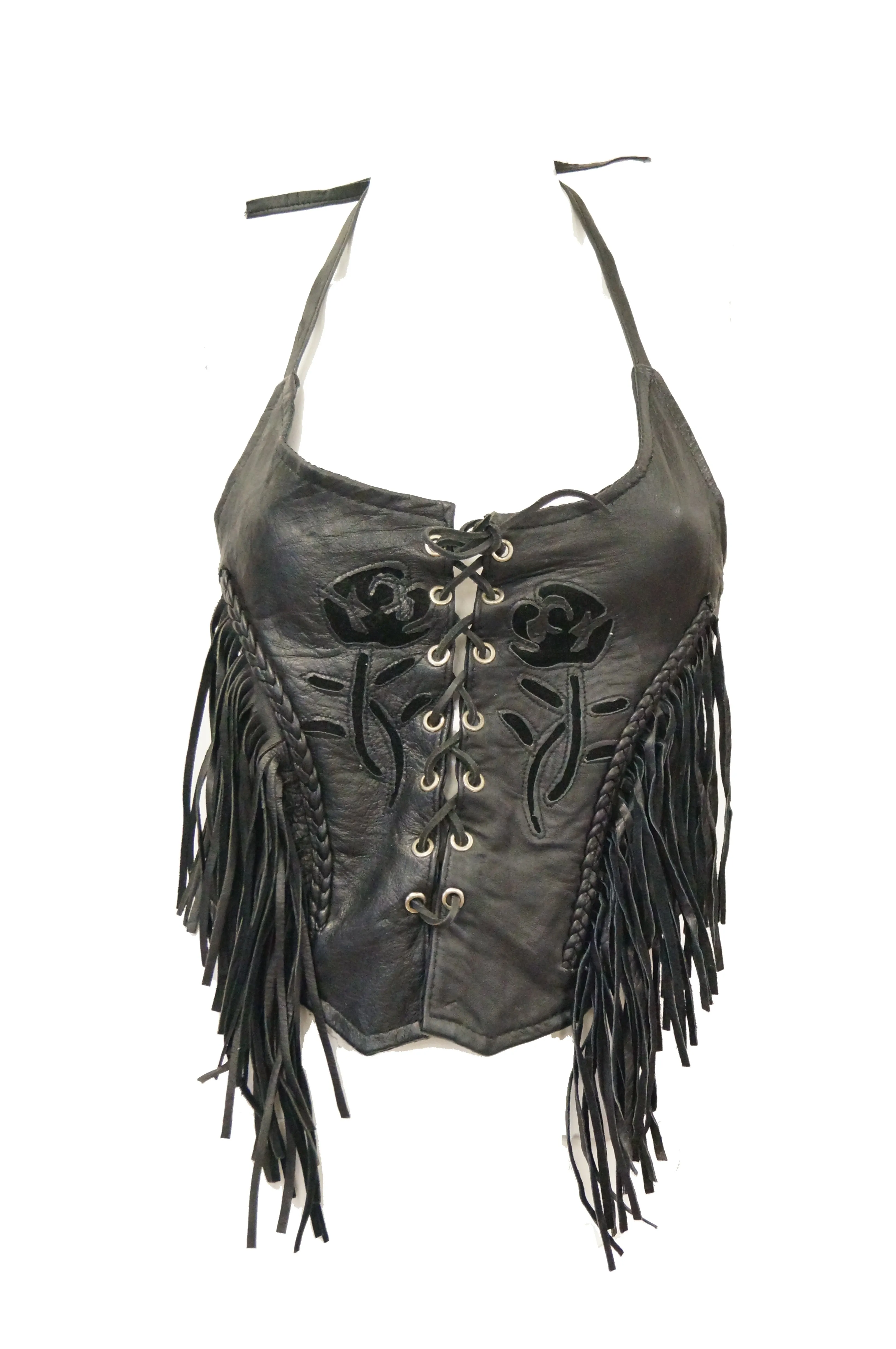 1970s Leather Lace Up Halter Top w/ Fringe and Suede Details