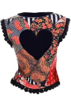 1980s Moschino Jeans Patchwork Floral Print Button Front Top or Vest w Heart