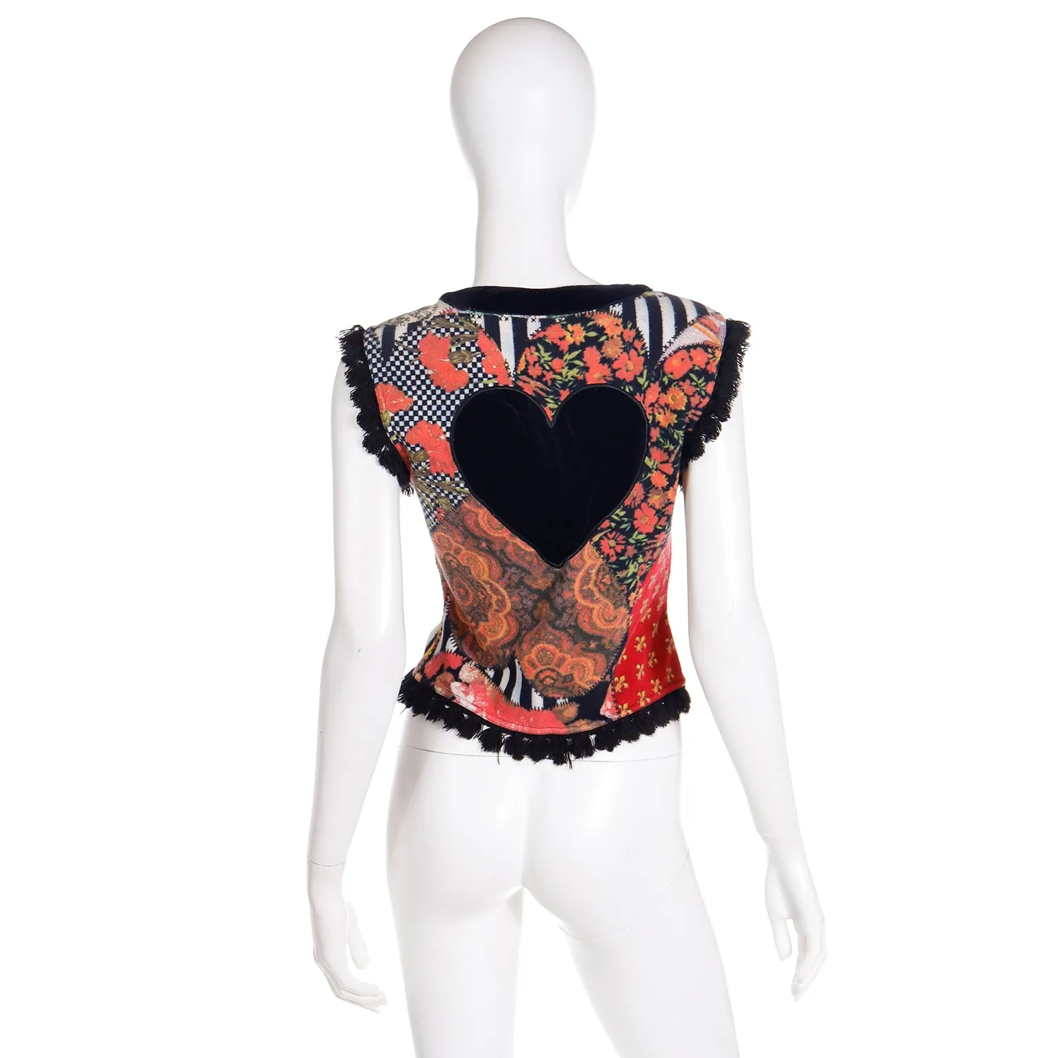 1980s Moschino Jeans Patchwork Floral Print Button Front Top or Vest w Heart