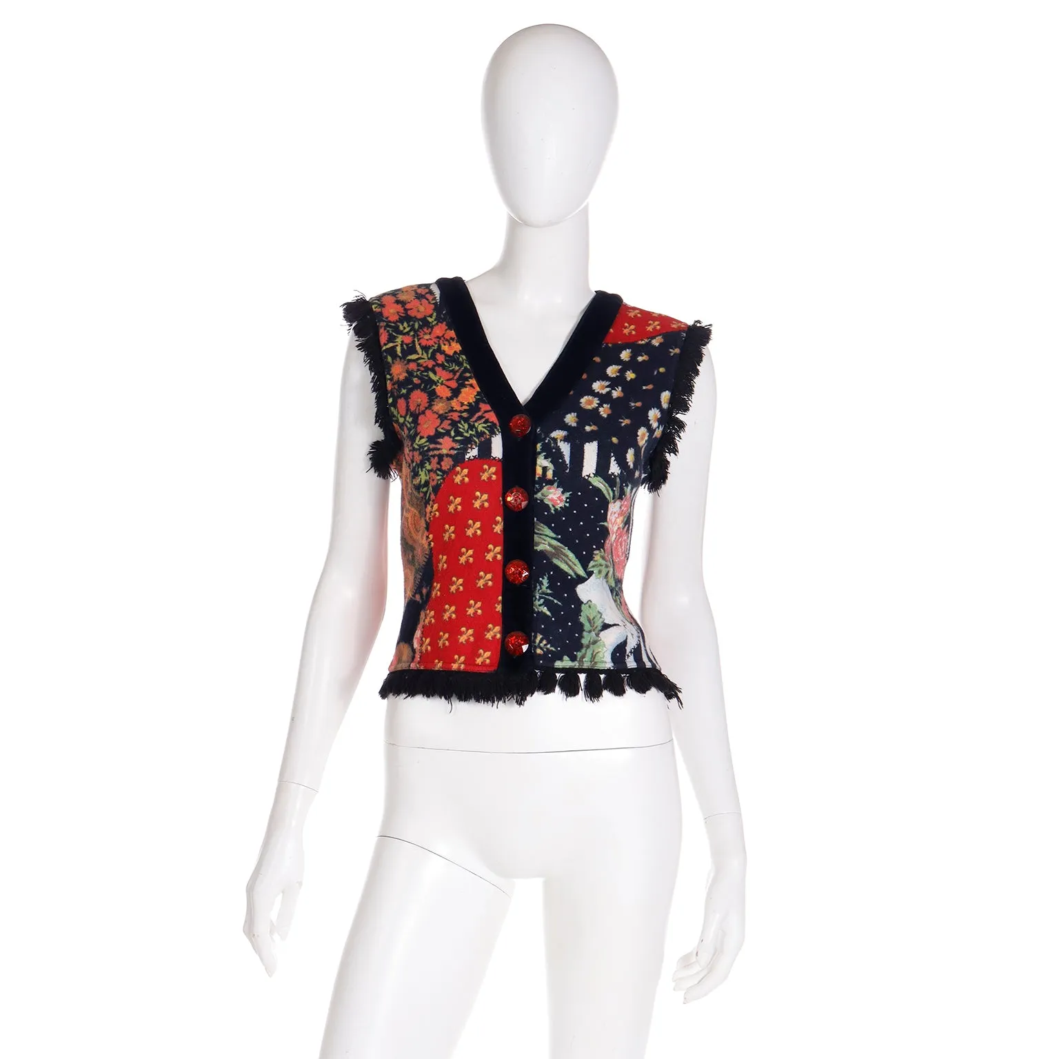 1980s Moschino Jeans Patchwork Floral Print Button Front Top or Vest w Heart