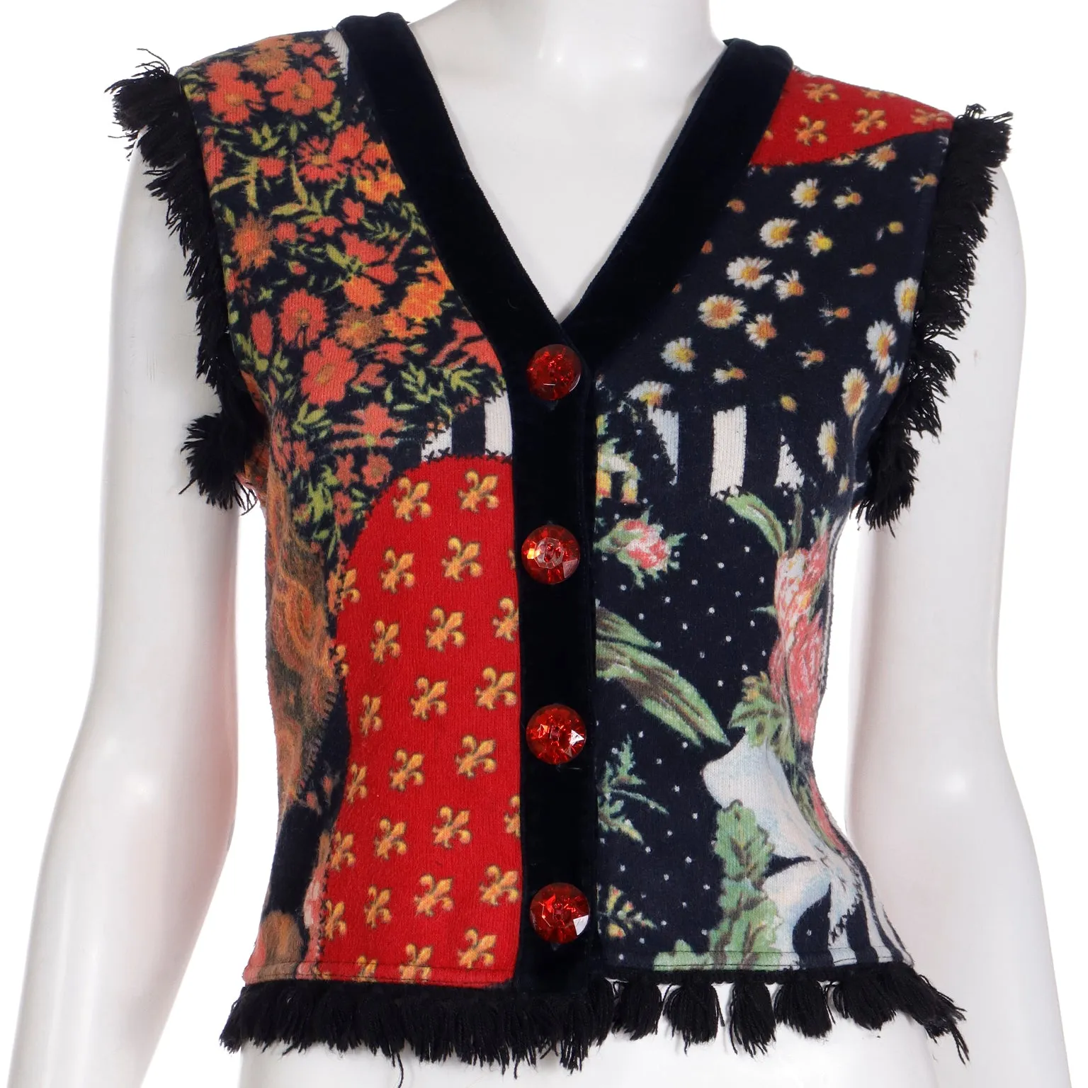 1980s Moschino Jeans Patchwork Floral Print Button Front Top or Vest w Heart