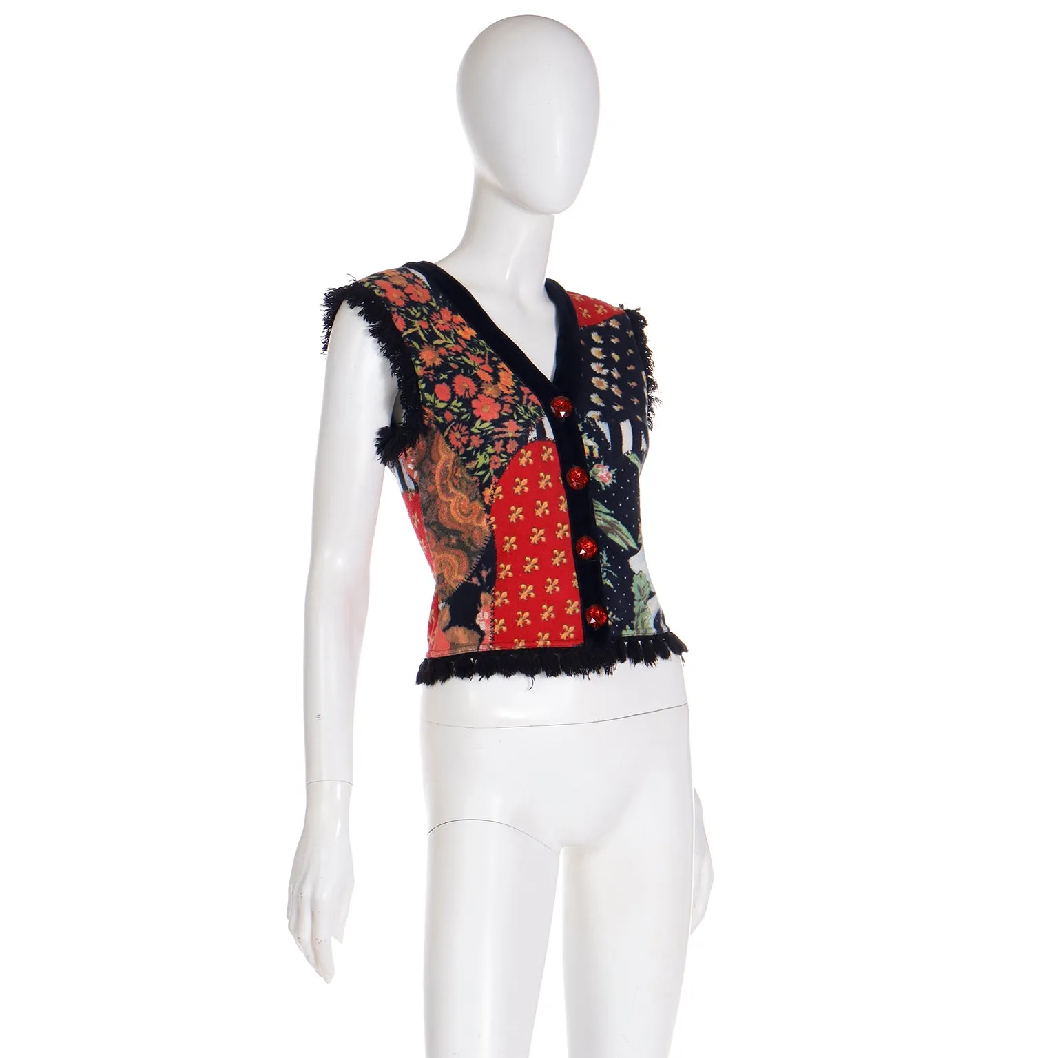 1980s Moschino Jeans Patchwork Floral Print Button Front Top or Vest w Heart