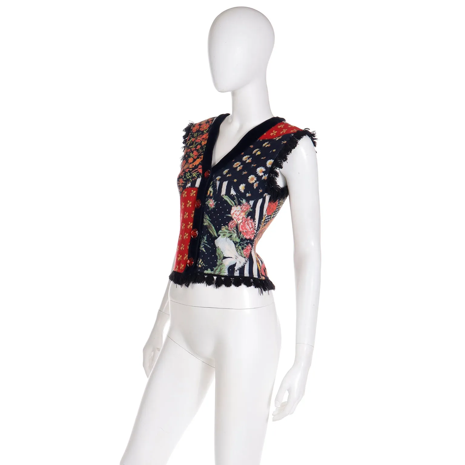1980s Moschino Jeans Patchwork Floral Print Button Front Top or Vest w Heart