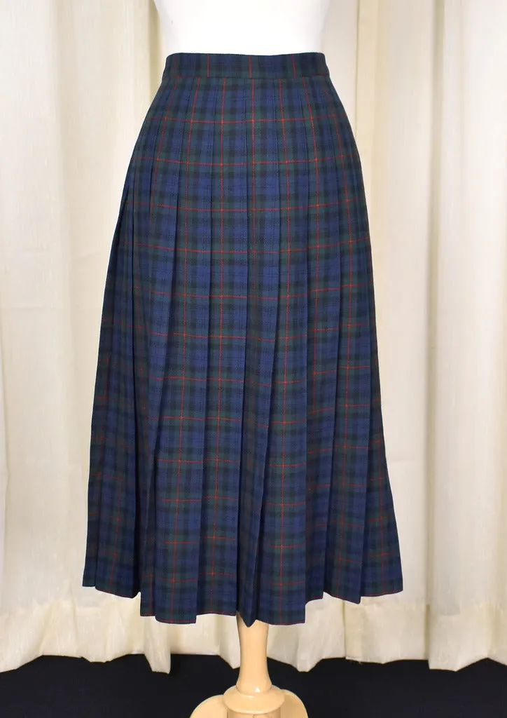 1980s Vintage Green Navy Pleated Skirt