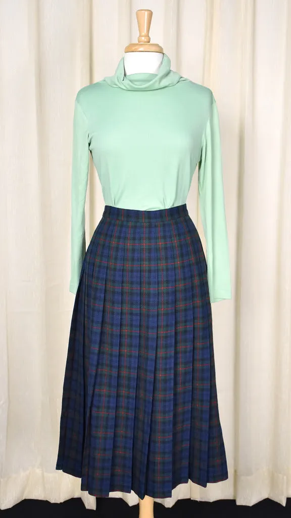 1980s Vintage Green Navy Pleated Skirt