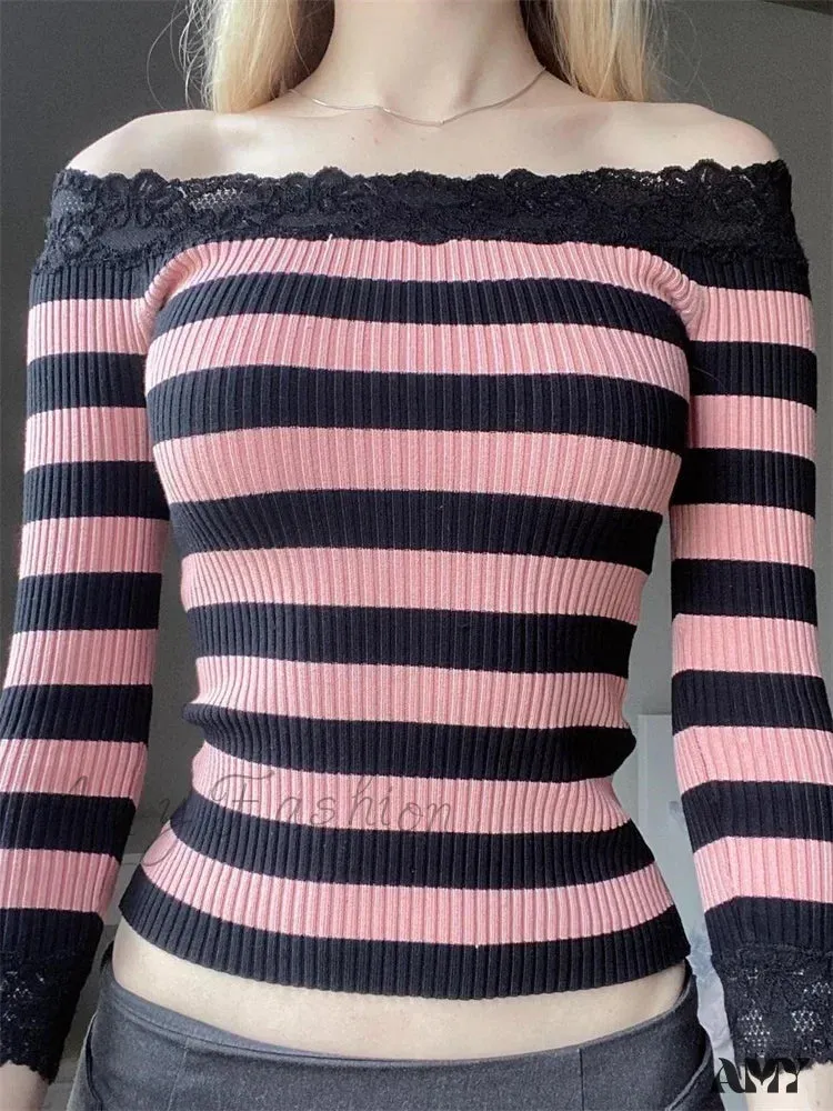 Amy Fashion - Casual Long Sleeve Retro Striped Off-Shoulder T-Shirts