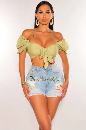 Apple Green Linen Puffed Sleeve Tie Up Smocked Crop Top