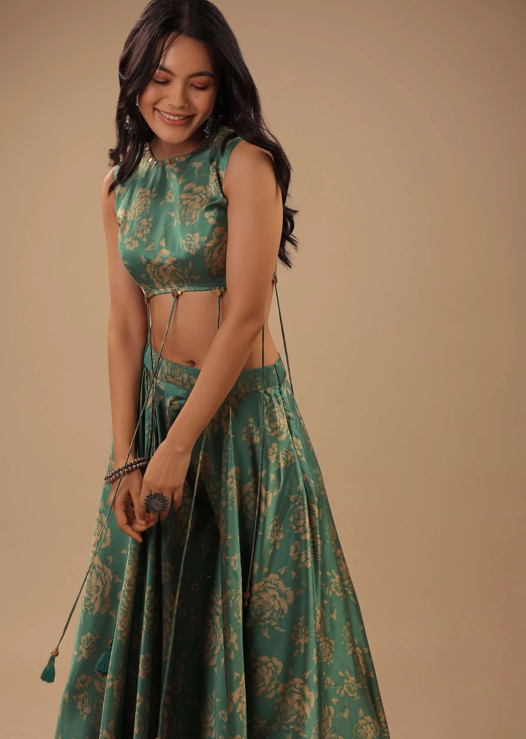 Beryl Green Satin Blouse And Palazzo Pants With Floral Print And Asymmetric Hemline