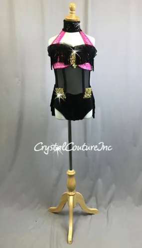 Black & Pink Corset Inspired Leotard with Black Fringe Tiered Skirt