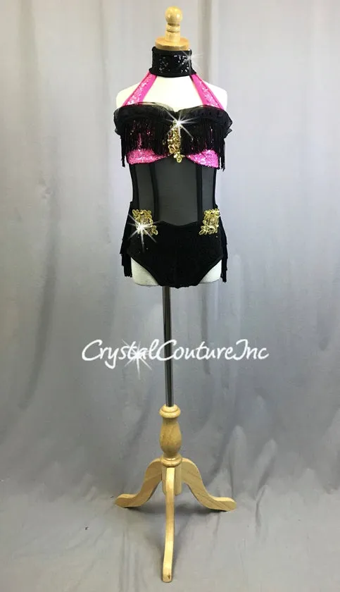 Black & Pink Corset Inspired Leotard with Black Fringe Tiered Skirt