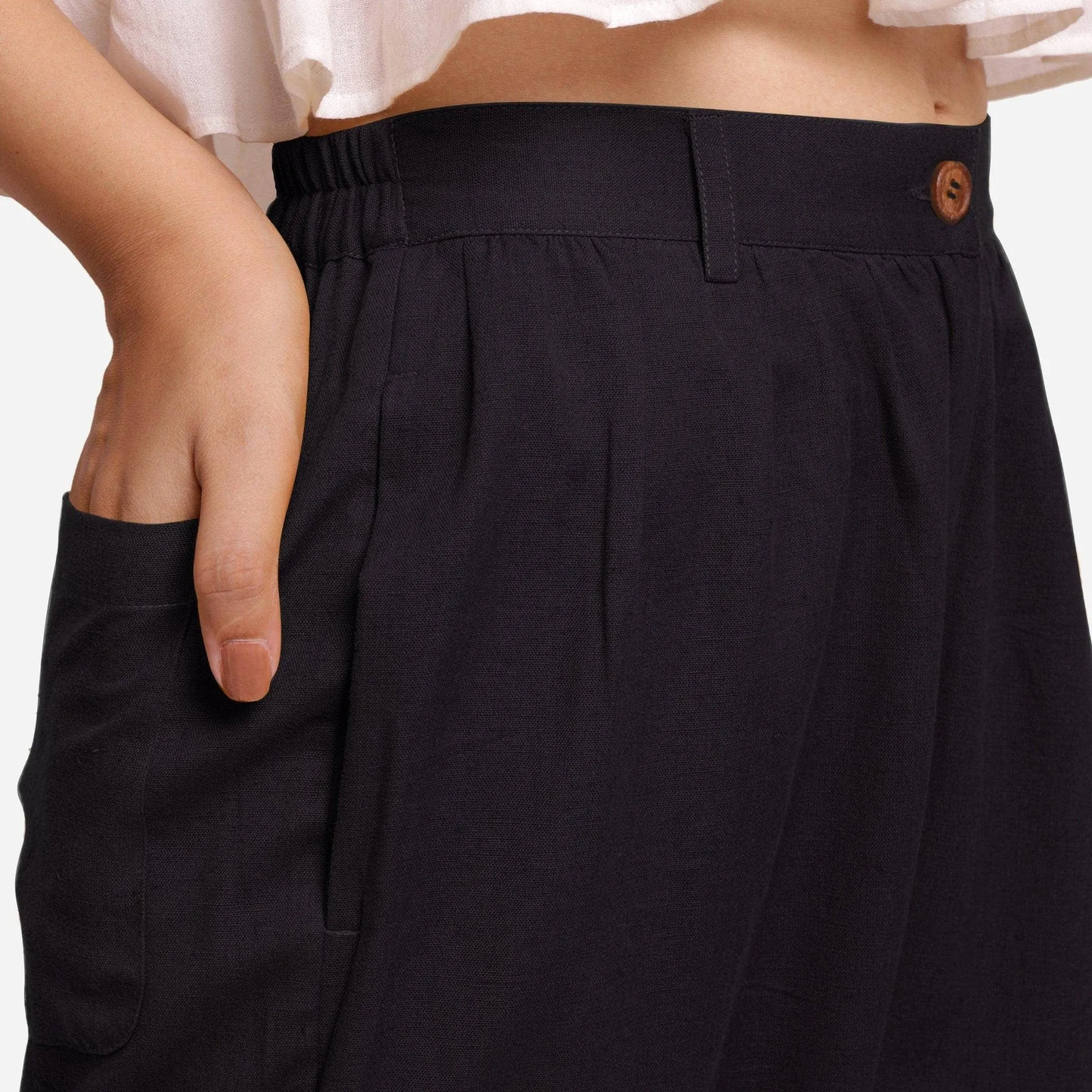 Black Cotton Flax Elasticated Wide Legged Pant