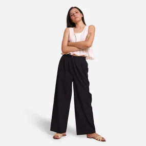 Black Cotton Flax Elasticated Wide Legged Pant