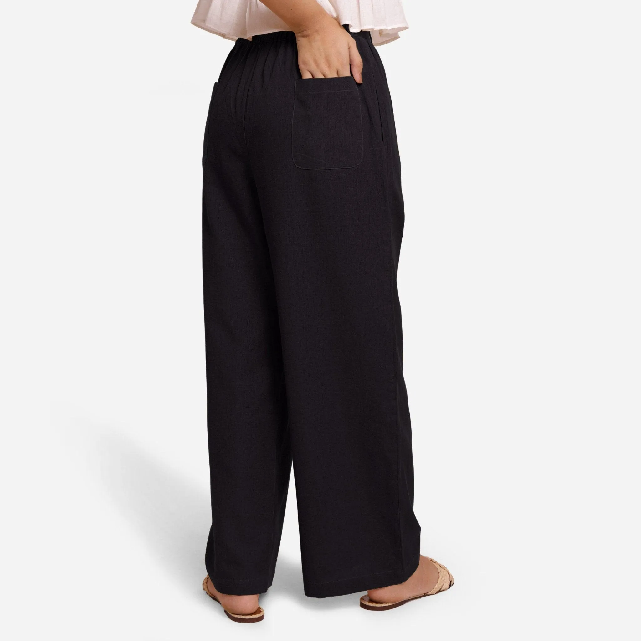 Black Cotton Flax Elasticated Wide Legged Pant
