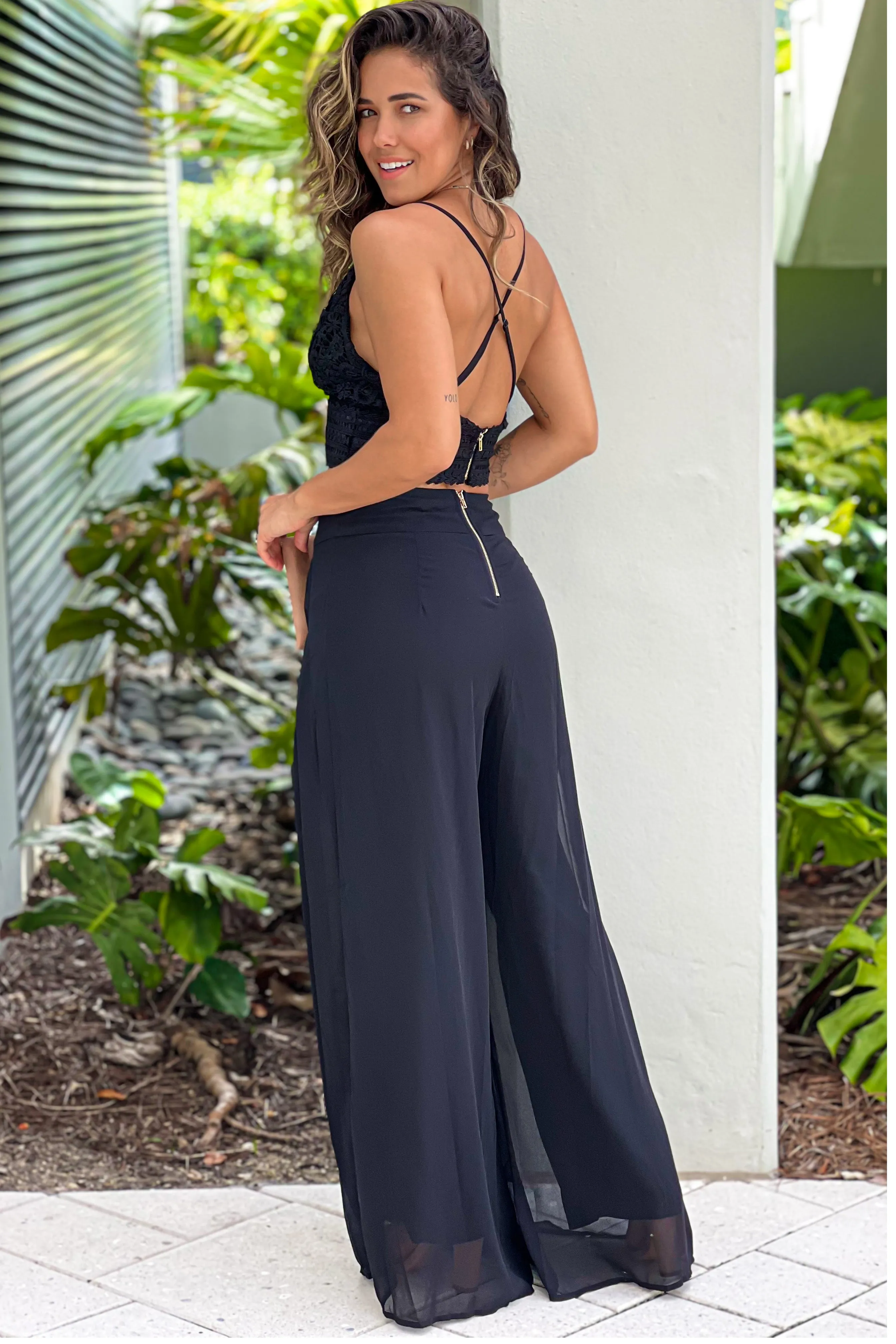 Black Crochet Criss Cross Top And Palazzo Pants Set