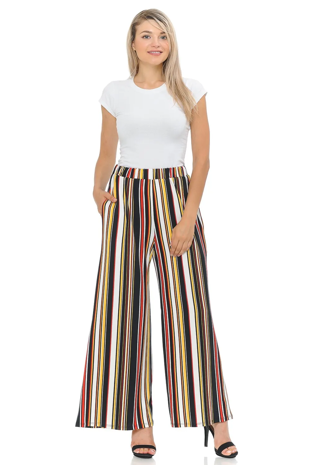 Black Red Striped Palazzo Pants With Pockets