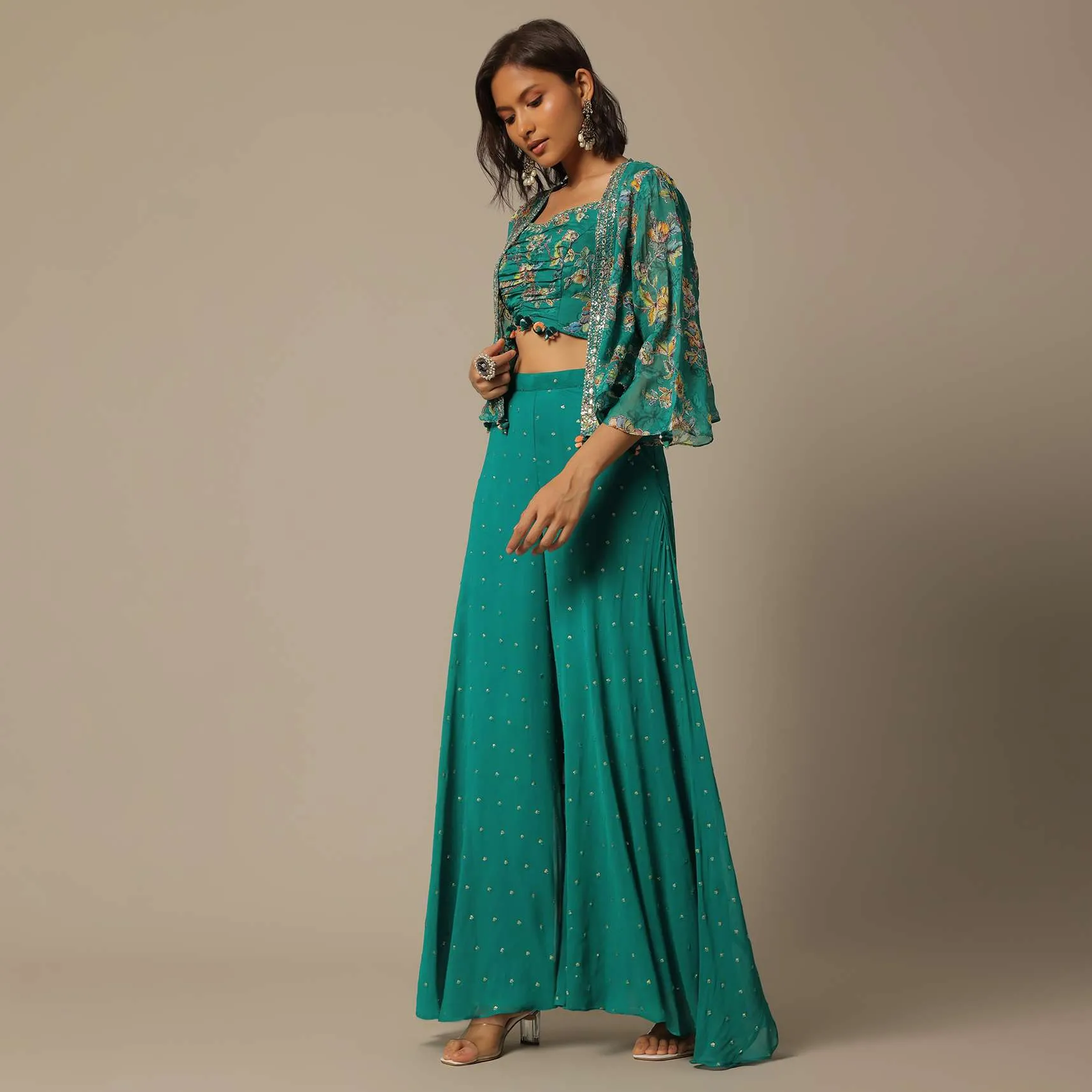 Blue Crop Top Set With Mirror Embellishments