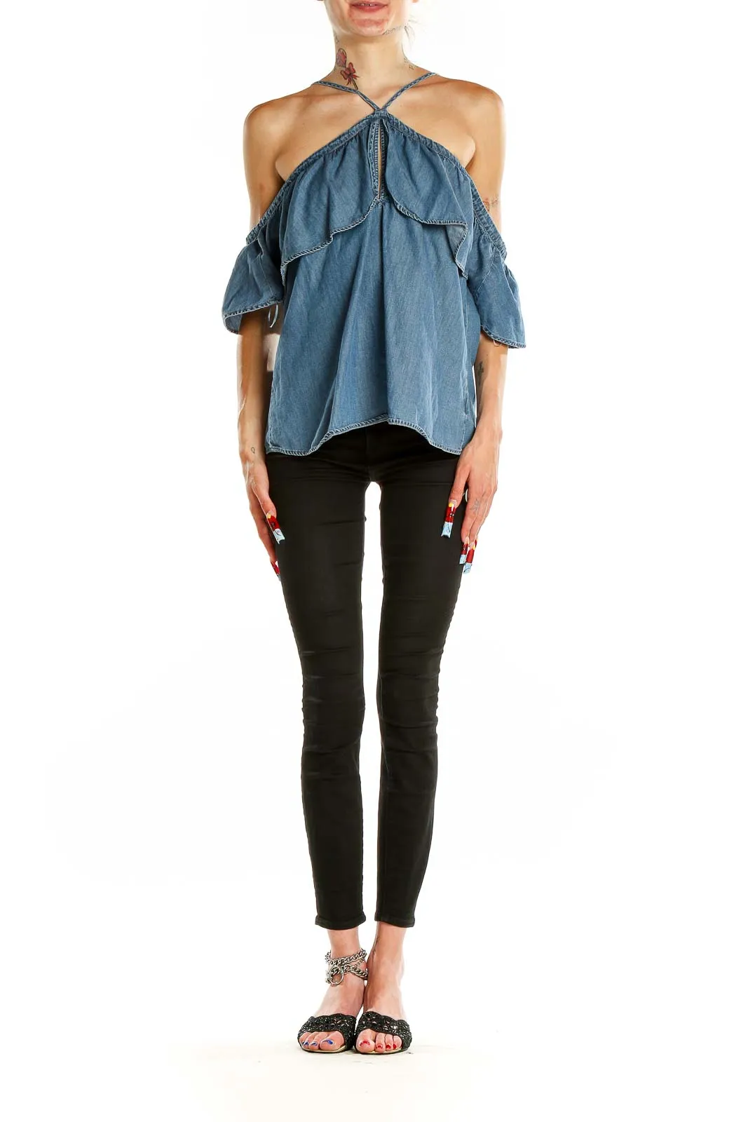 Blue Denim Off-Shoulder Ruffle Top