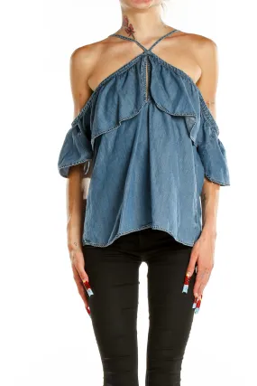 Blue Denim Off-Shoulder Ruffle Top