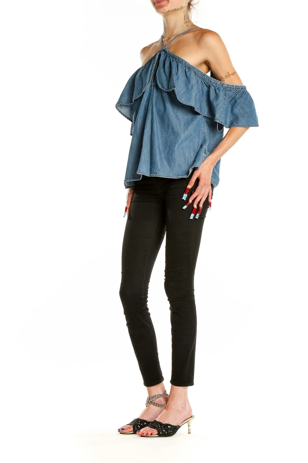 Blue Denim Off-Shoulder Ruffle Top