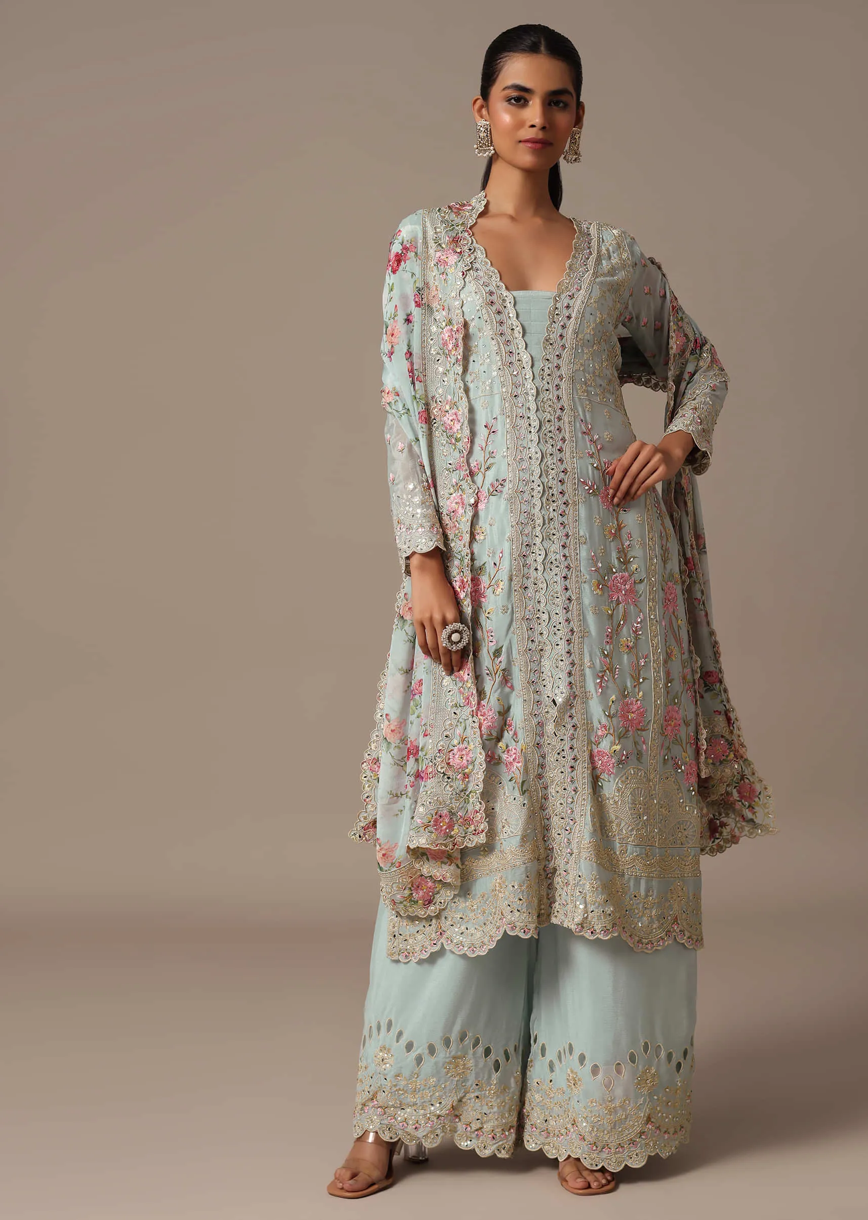 Blue Embroidered Kurta Palazzo Set With Floral Printed Dupatta