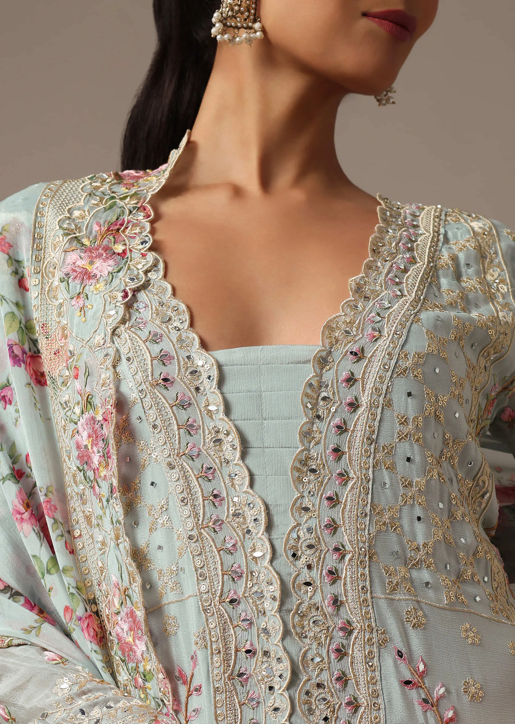 Blue Embroidered Kurta Palazzo Set With Floral Printed Dupatta