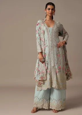 Blue Embroidered Kurta Palazzo Set With Floral Printed Dupatta