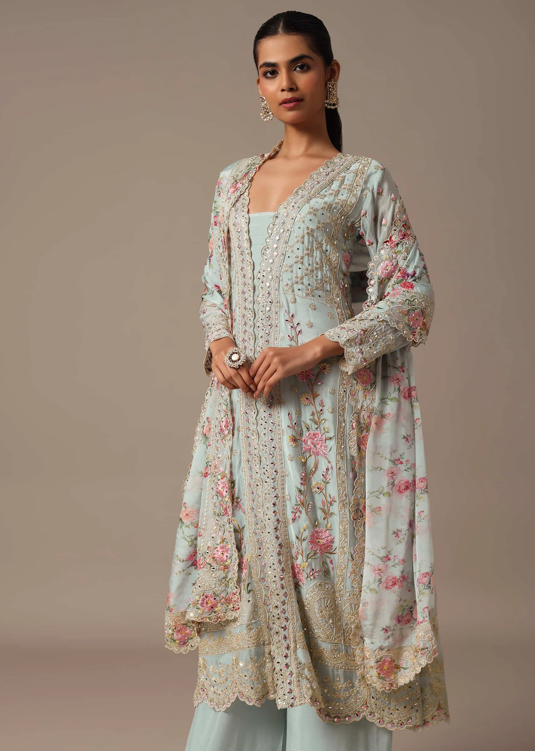 Blue Embroidered Kurta Palazzo Set With Floral Printed Dupatta