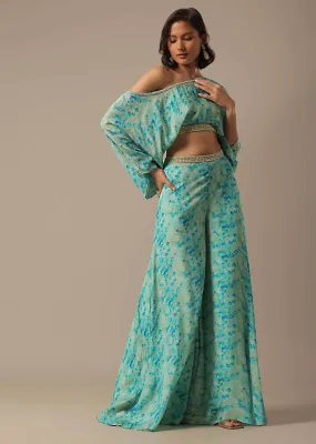 Blue Floral Print Crop Top And Palazzo Set