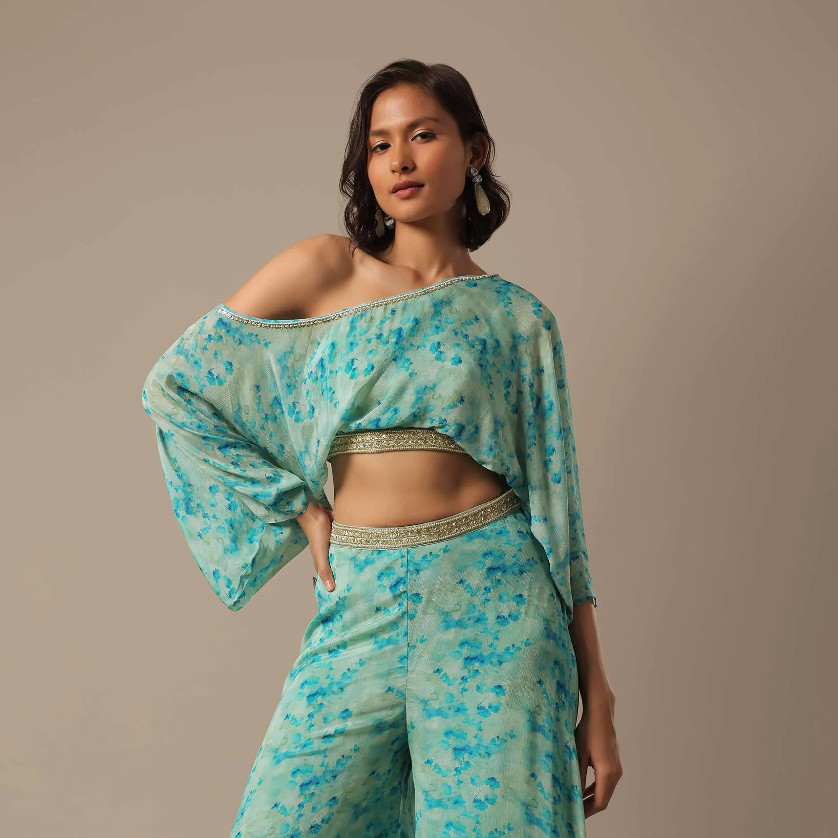 Blue Floral Print Crop Top And Palazzo Set