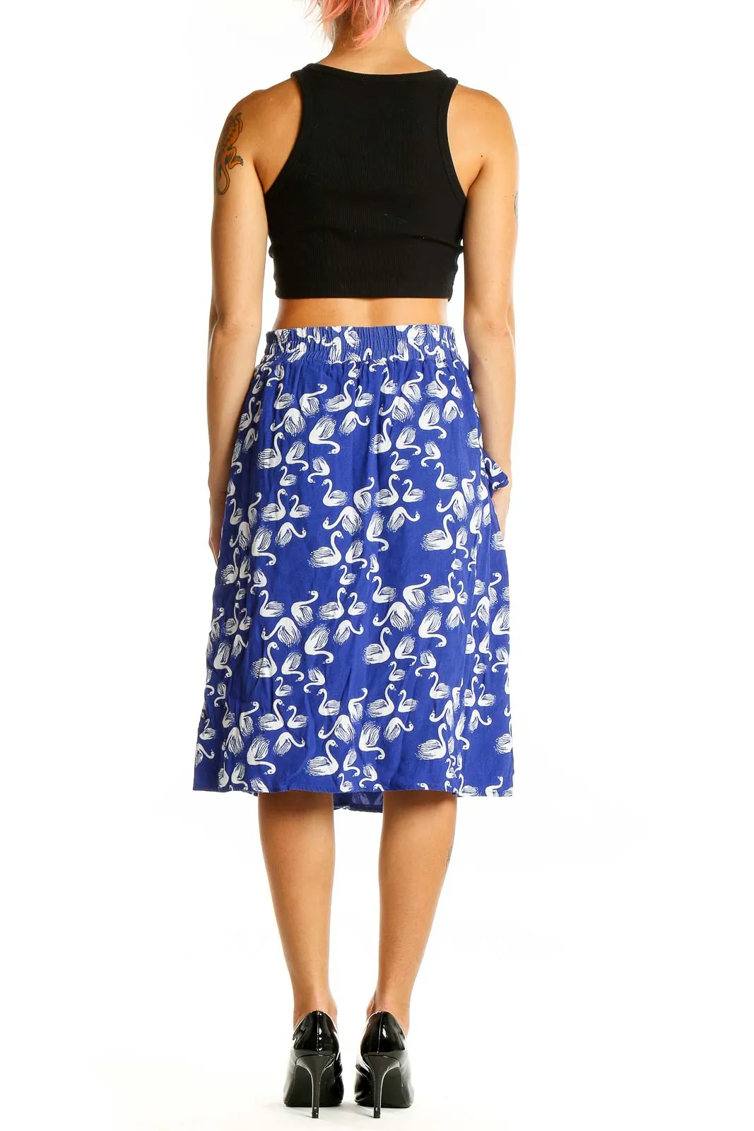 Blue Swan Print Midi Skirt