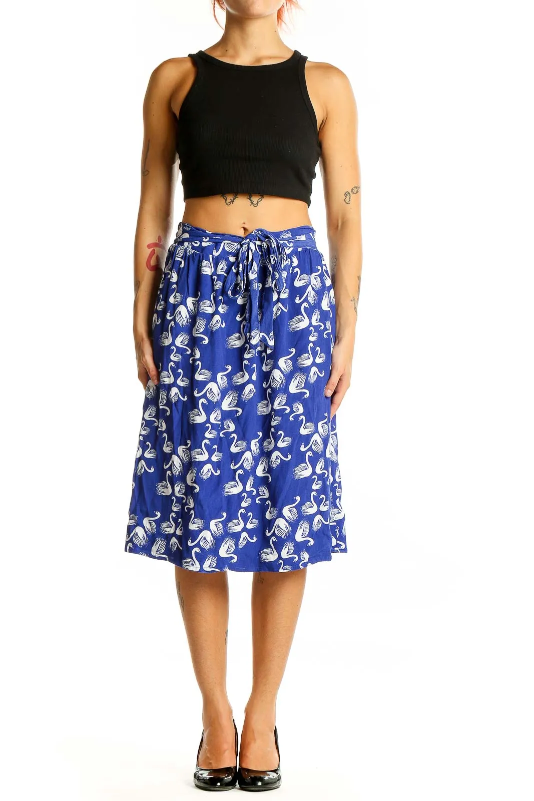 Blue Swan Print Midi Skirt