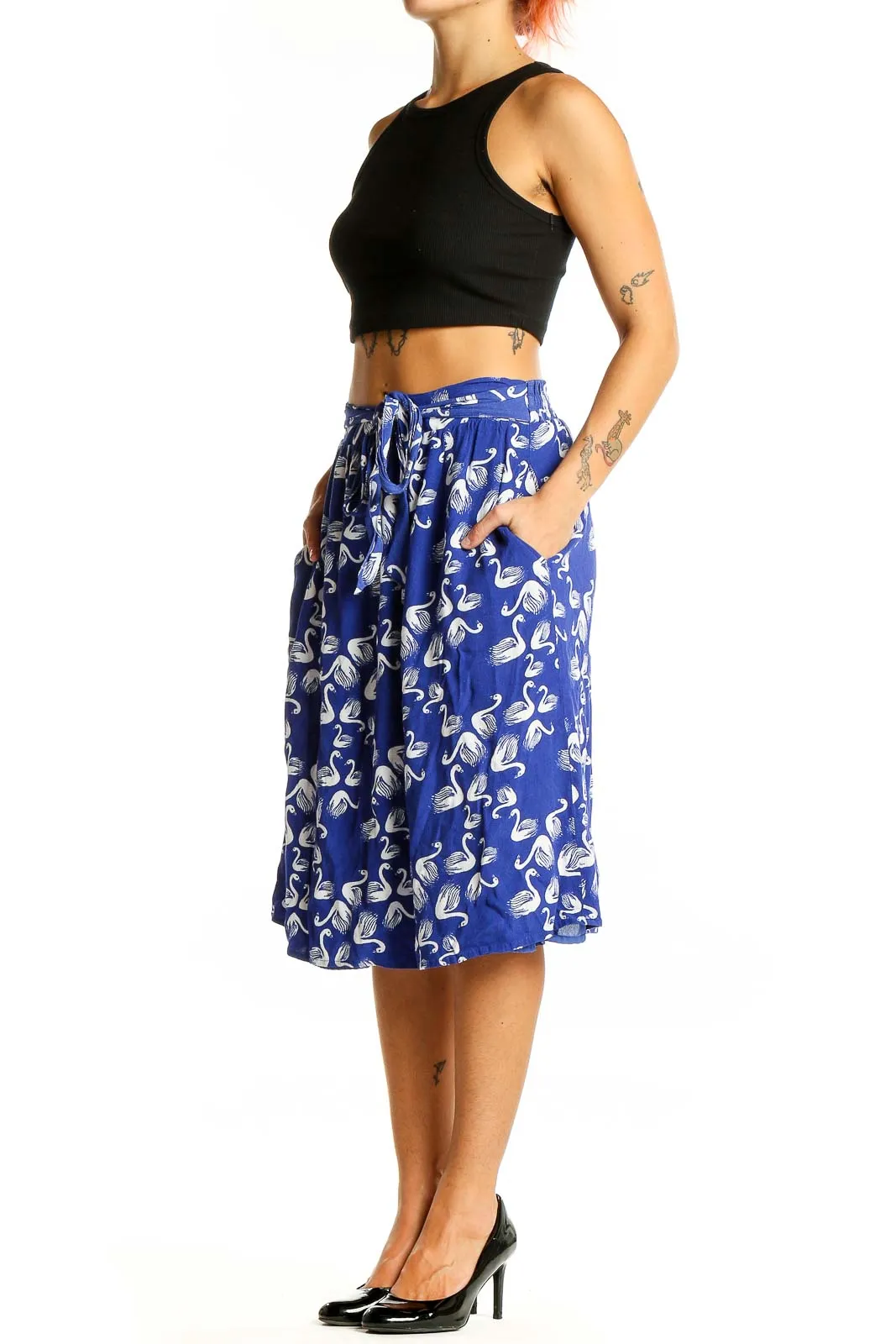 Blue Swan Print Midi Skirt