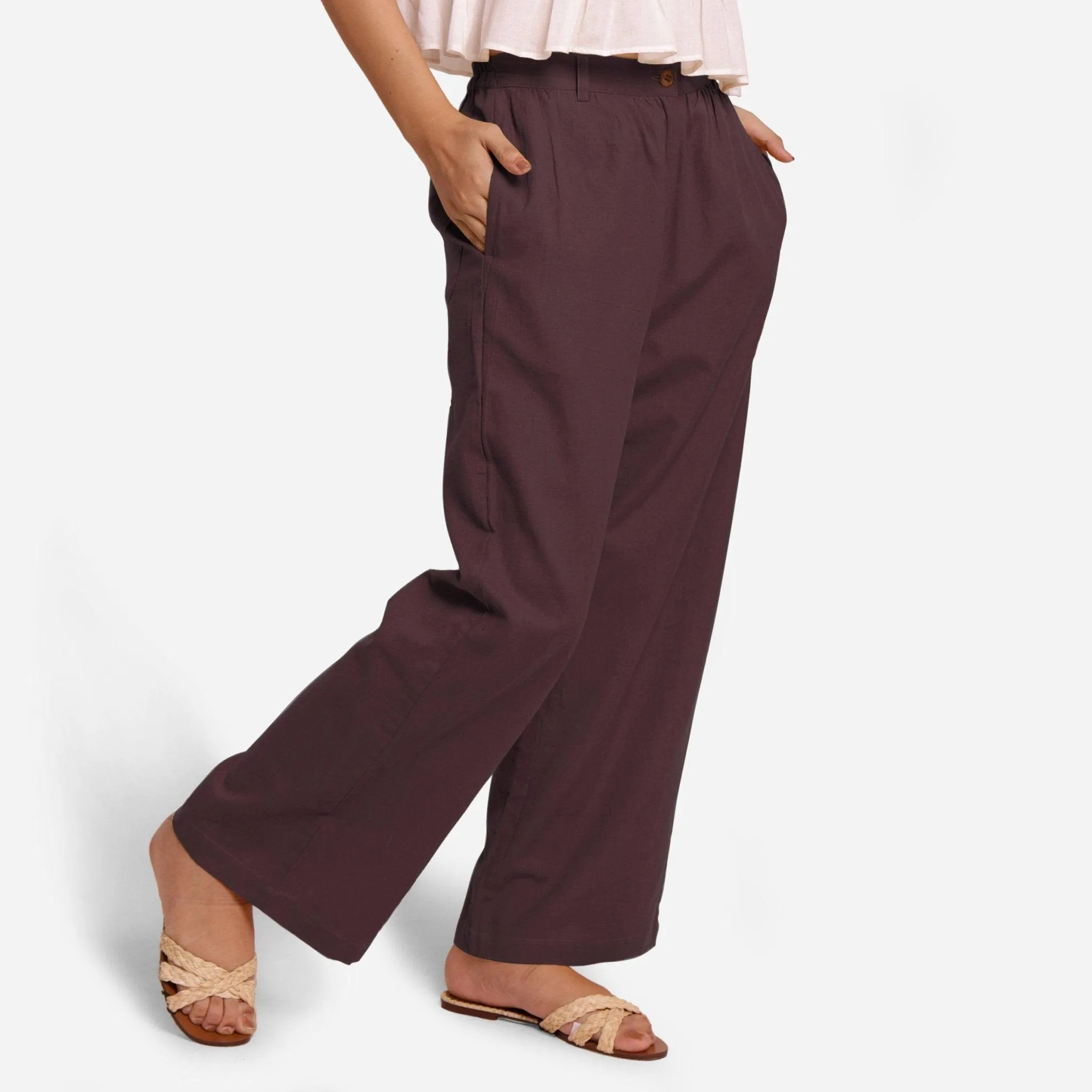 Brown Cotton Flax Elasticated Wide Legged Pant