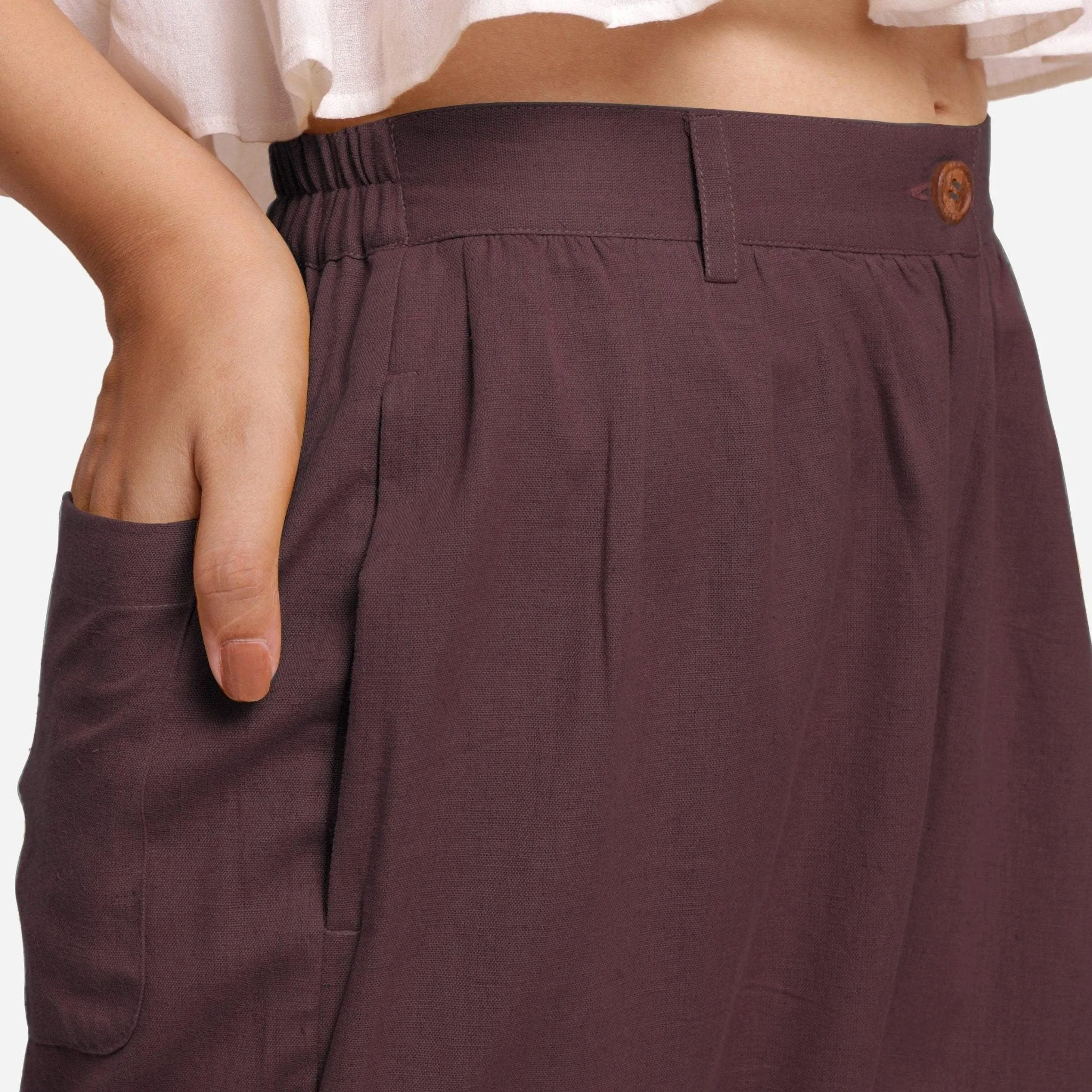 Brown Cotton Flax Elasticated Wide Legged Pant