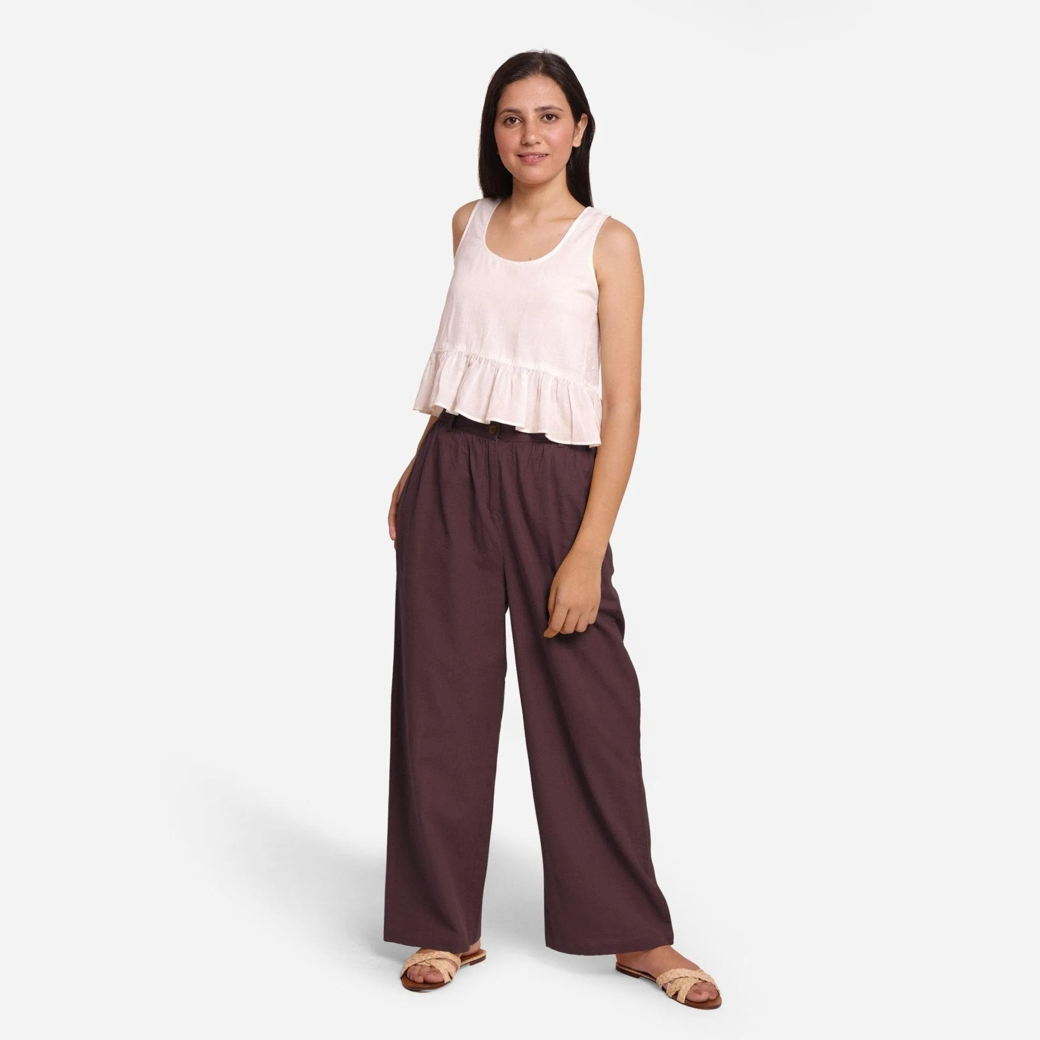 Brown Cotton Flax Elasticated Wide Legged Pant