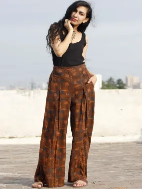 Brown Indigo Hand Block Printed Semi Elasticated Waist Pleated Cotton Palazzo - P11F555