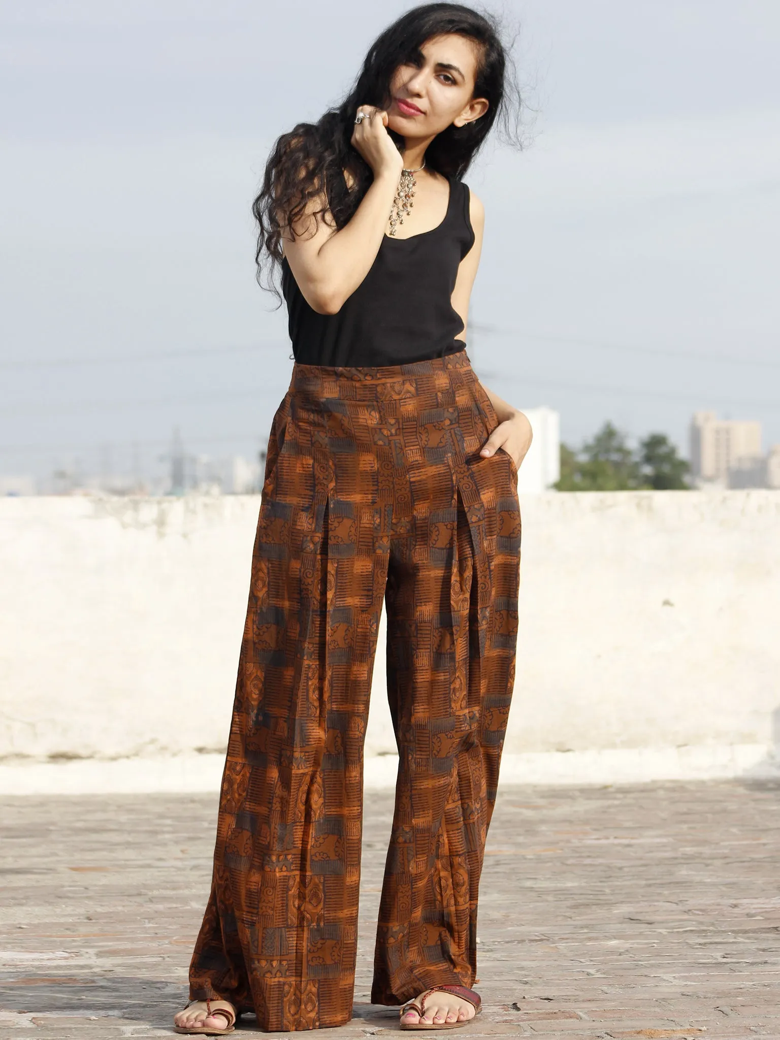 Brown Indigo Hand Block Printed Semi Elasticated Waist Pleated Cotton Palazzo - P11F555