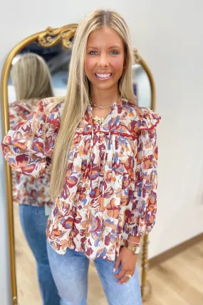 Burgundy Abstract Peasant Blouse