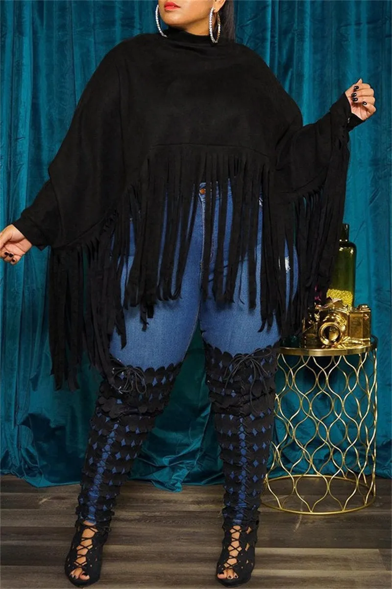 Casual Solid Color Fringed Trim Turtleneck Tops(6 Colors)