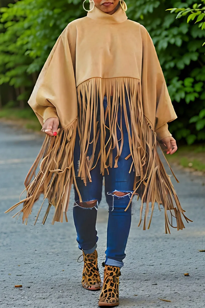 Casual Solid Color Fringed Trim Turtleneck Tops(6 Colors)