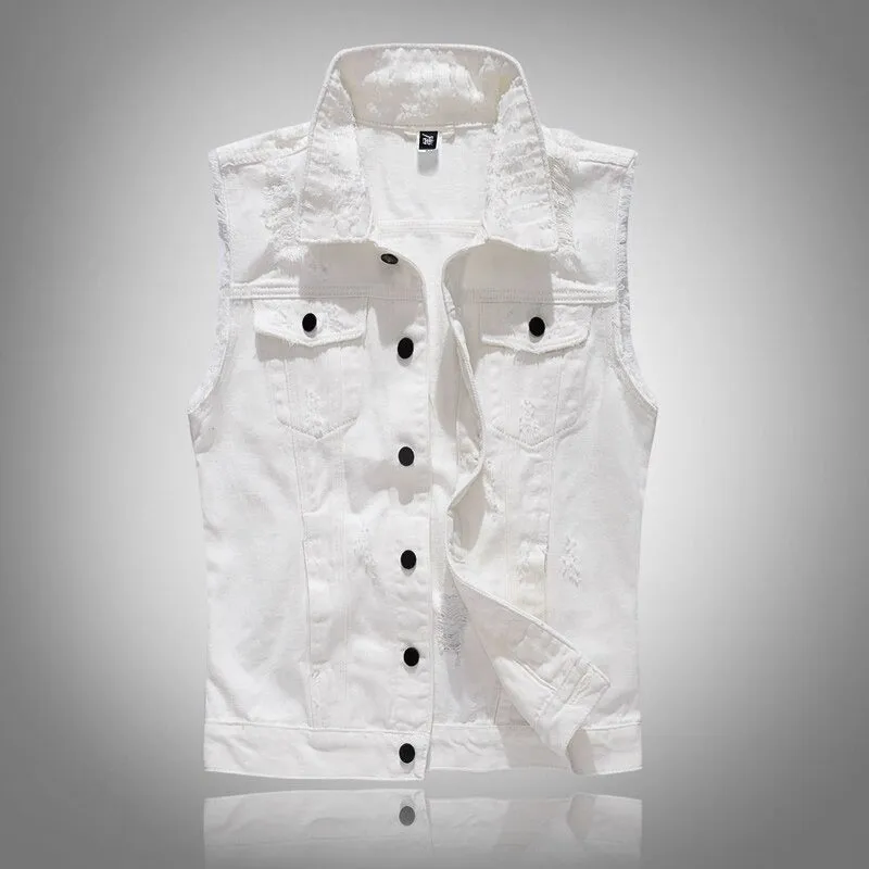 Classic Black Jeans Vest for Men in Rock Style / Slim Fringe Denim Waistcoat Sleeveless Top
