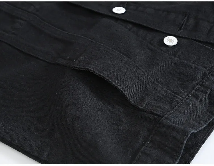 Classic Black Jeans Vest for Men in Rock Style / Slim Fringe Denim Waistcoat Sleeveless Top