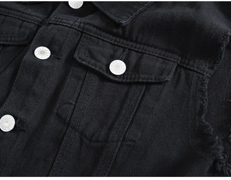 Classic Black Jeans Vest for Men in Rock Style / Slim Fringe Denim Waistcoat Sleeveless Top
