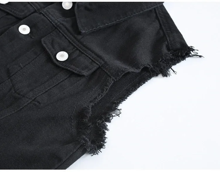 Classic Black Jeans Vest for Men in Rock Style / Slim Fringe Denim Waistcoat Sleeveless Top