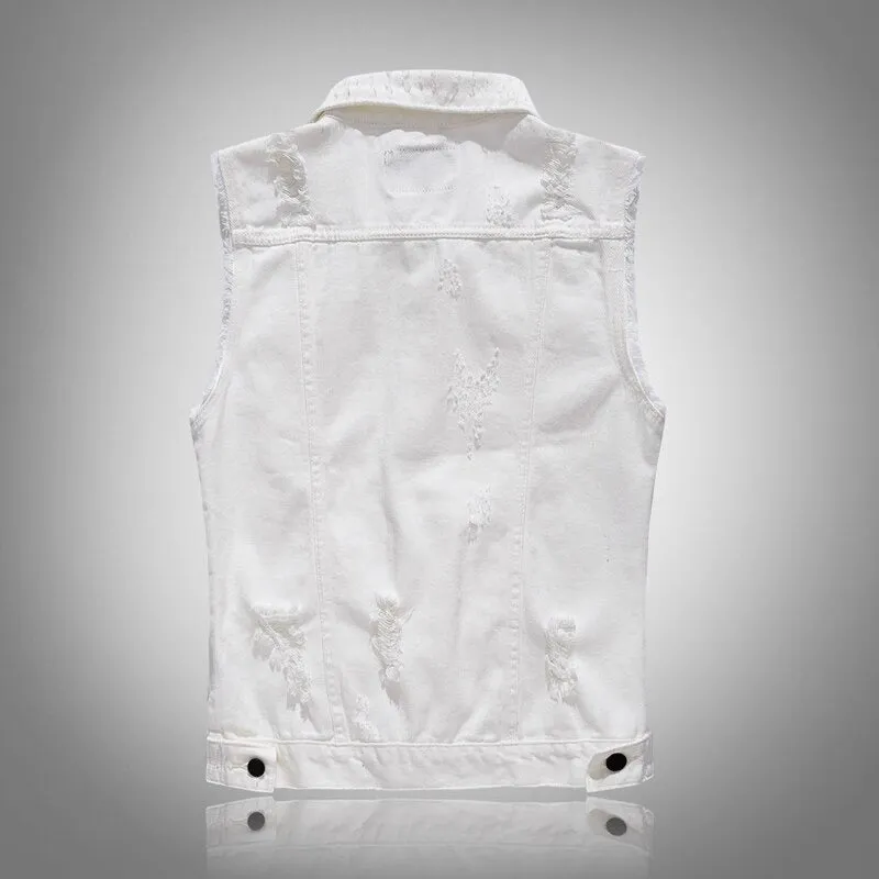 Classic Black Jeans Vest for Men in Rock Style / Slim Fringe Denim Waistcoat Sleeveless Top