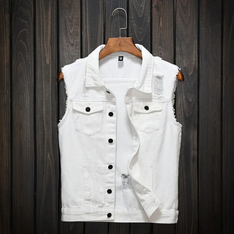 Classic Black Jeans Vest for Men in Rock Style / Slim Fringe Denim Waistcoat Sleeveless Top