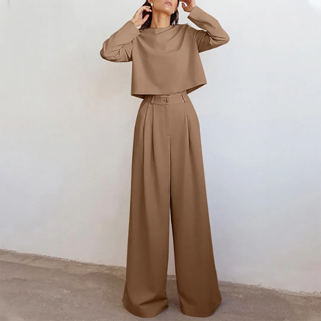 Cropped Long Sleeve and Wide Leg Pants Set