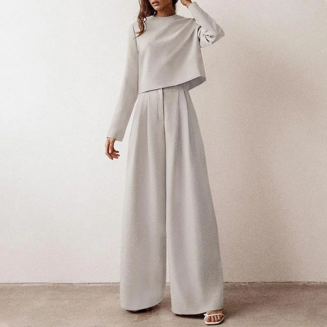 Cropped Long Sleeve and Wide Leg Pants Set
